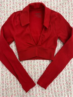 Garage Red Ribbed Long-Sleeve Cropped Polo Top